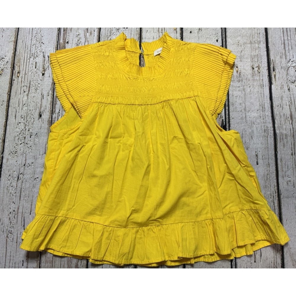 Love the Label Yellow Smocked Pleated Ruffle Blouse Top Boho Chic Unique Small